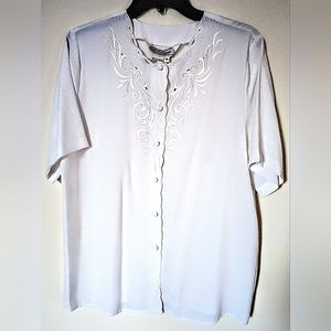 LADIES WHITE BUTTON DOWN BLOUSE, EMBROIDERED,SIZE 10 BY K.B.LAURENCE